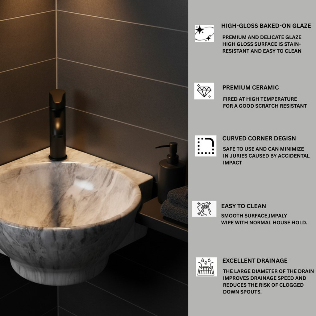 MS-2109 XYLOAN CORNER WALL MOUNTED BASIN GLOSSY (14"X14") - Image 4
