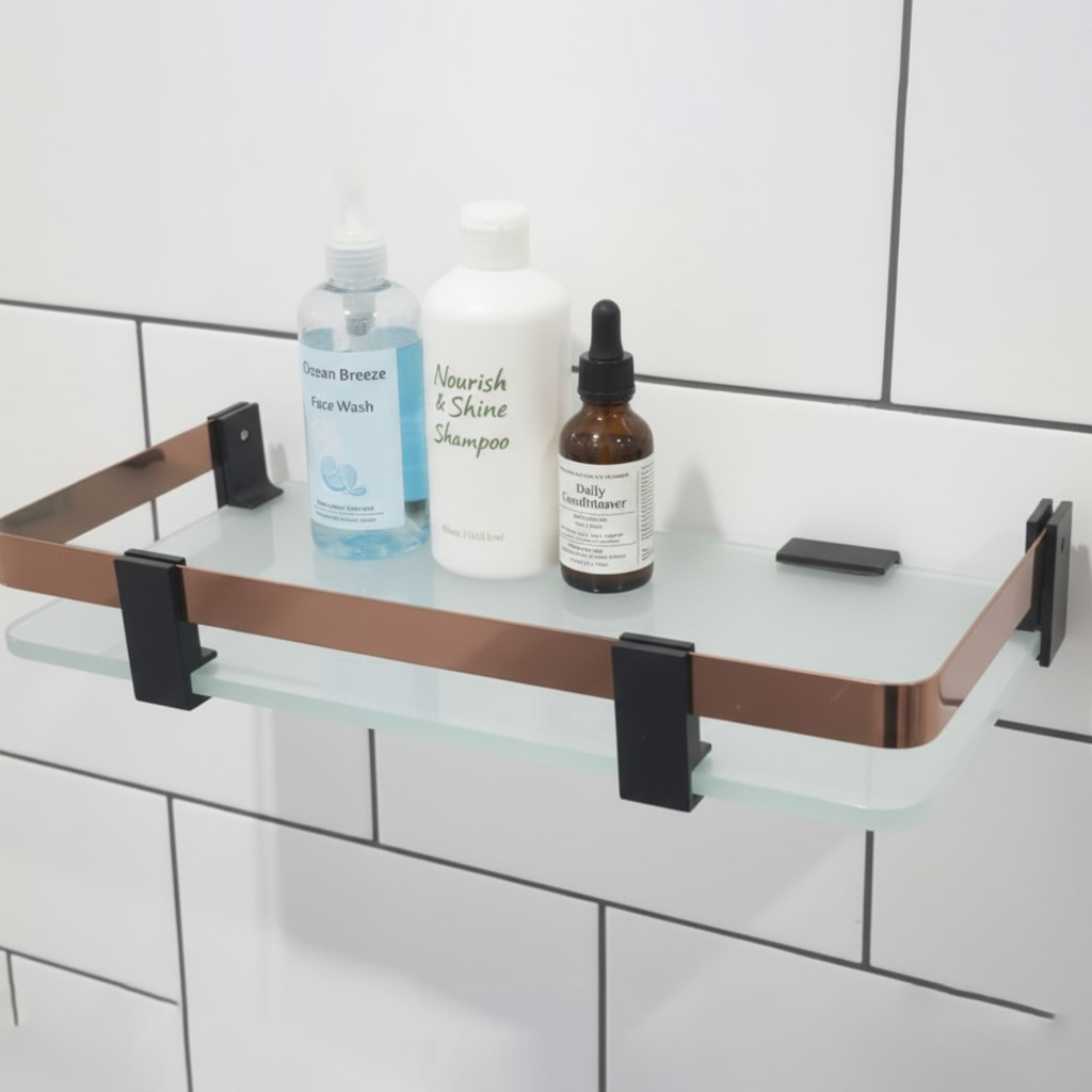 G-1219 Contrasting Metal Glass Shelf (Matte Black/Rose Gold) (6 x 12) - Image 2