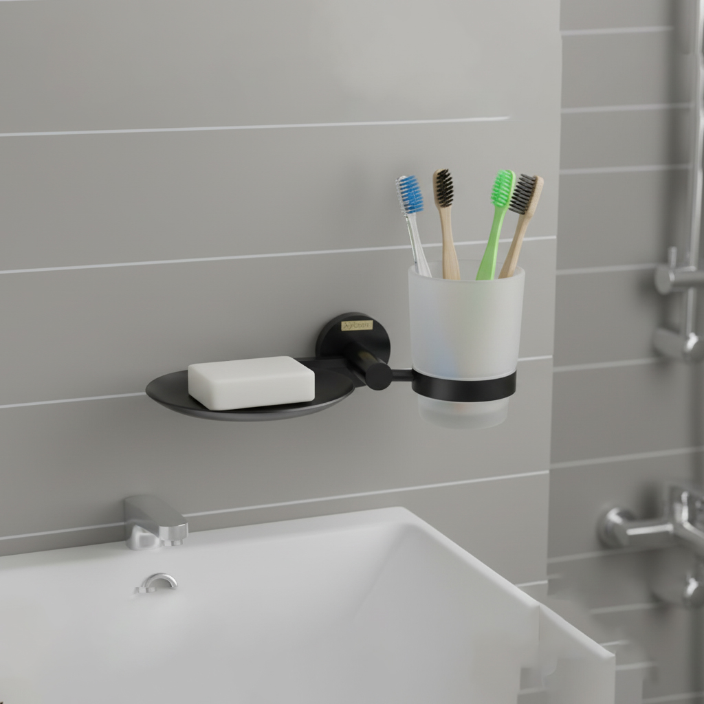 G-1414 SOAP DISH+GLASS TUMBLER HOLDER BRASS (PVD,BLACK) - Image 5