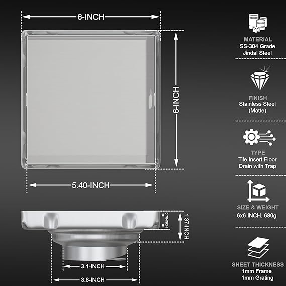 FD-02 Luxury 2-in-1 Invisible Square Shower Floor Drain(6X6) - Image 5